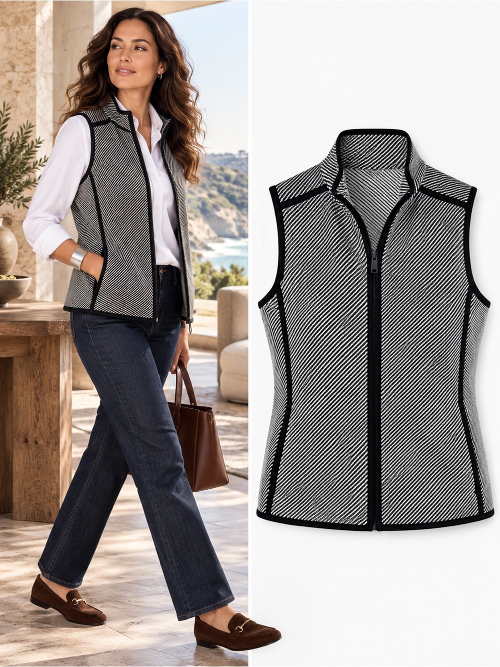 T by Talbots Size Petite Large Black White Cotton Knit Full Zip Vest Twill